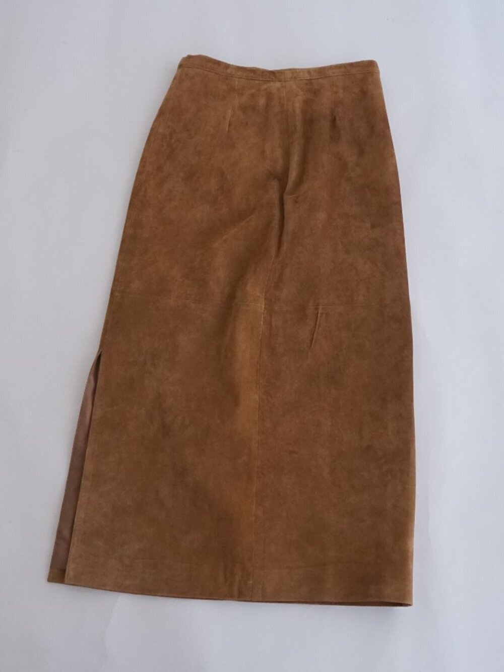 Vintage Cleo Petites Brown Suede Leather Solid Midi Pencil Skirt Side Slit 10